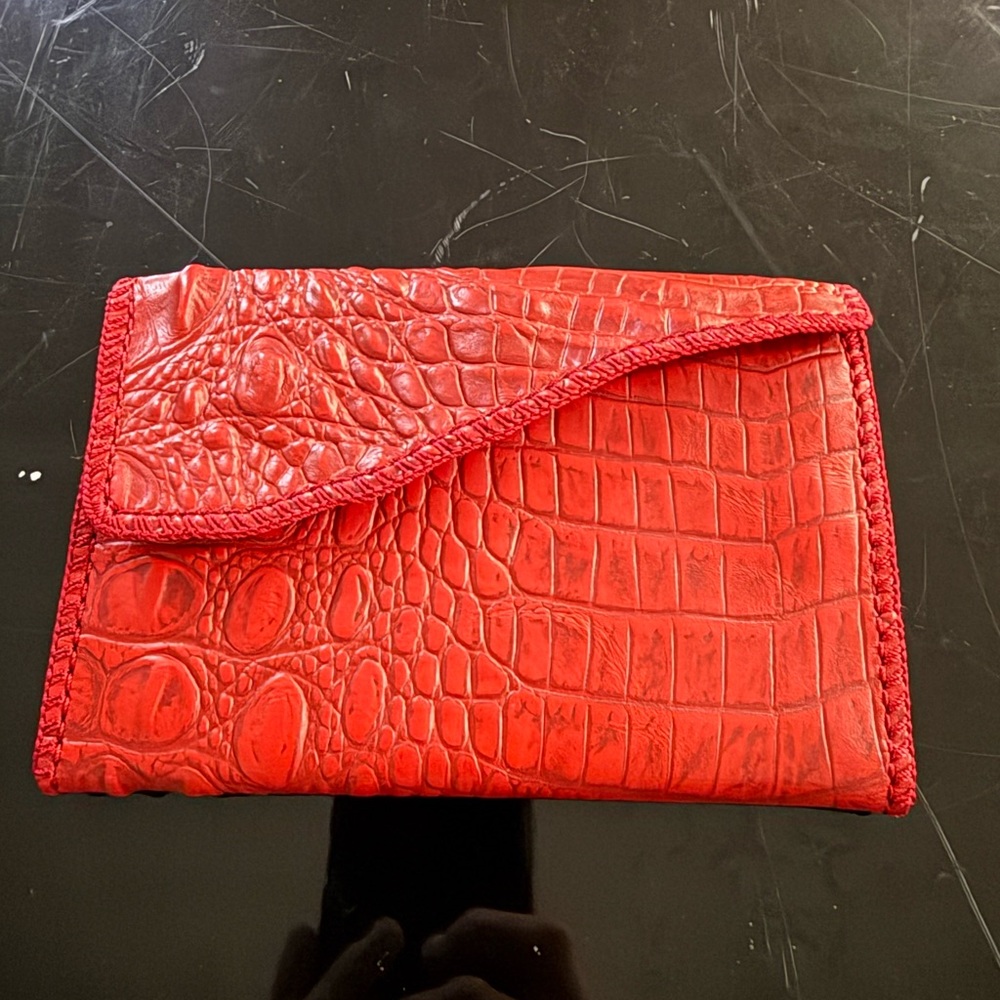 Red Genuine crocodile Skin Women Tri-fold Clutch Wallet